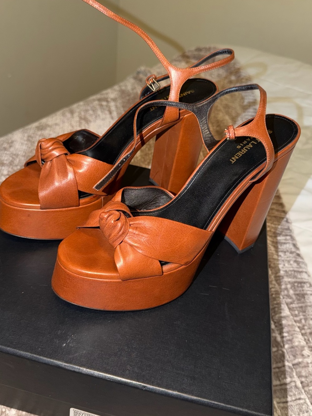 Saint Laurent Tan Leather Knot Platform Sandals